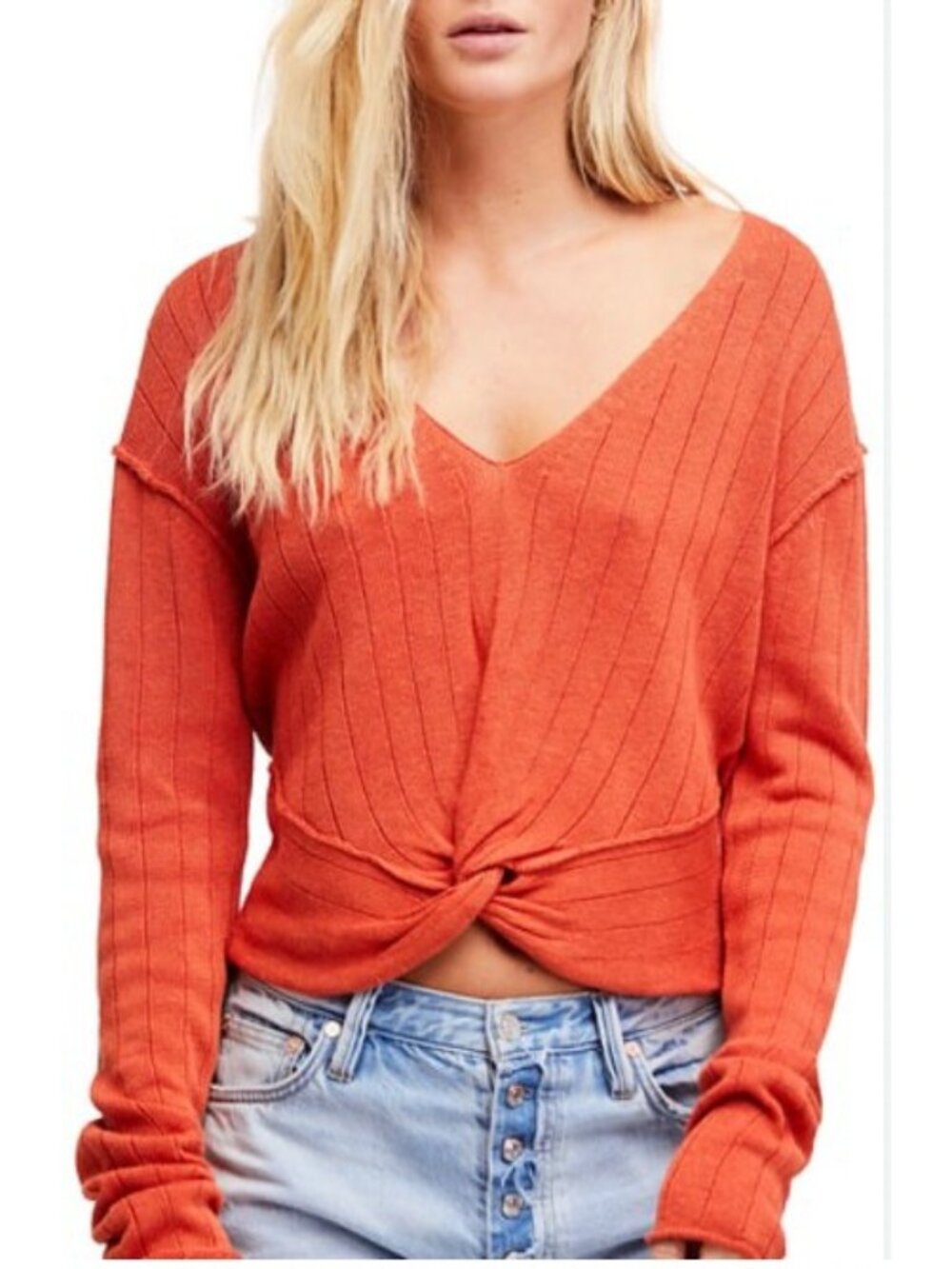 Free People Twisted‎ Front Linen Blend Top Womens Large Orange Long Sleeve Knit
